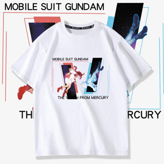 โมบิลสูท Gundam Mercury Witch อะนิเมะอุปกรณ์ต่อพ่วงแขนสั้นเสื้อยืด Sletta ฤดูร้อนผ้าฝ้ายเสื้อผ้าผู้ชายใหม่