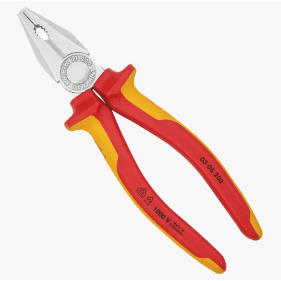 Knipex คีมปากจิ้งจก ด้ามกันไฟฟ้า 1000V ด้ามกันไฟ VDE 200mm. รุ่น 03 06 200 (8") Made in Germany