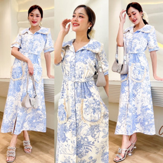เดรสผ้าพิมลาย แต่งลูกไม้สีครีมที่ปกเสื้อและกระเป๋า พร้อมเข็มขัด ป้าย Camellia 9006