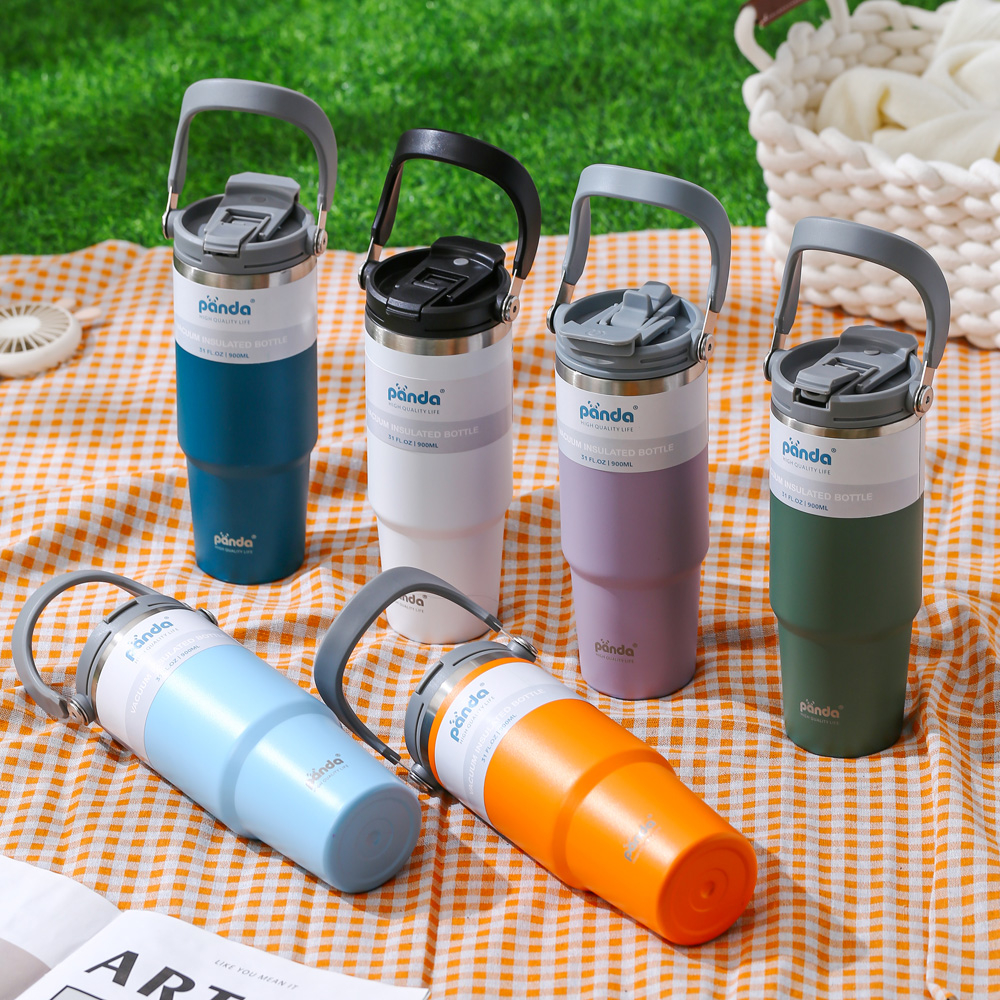 (ของแท้✅) พร้อมส่ง 900ml แก้วเก็บความเย็น Panda แบบใหม่มีที่จับ หูหิ้ว แก้วกาแฟ แก้วสแตนเลส304 30oz