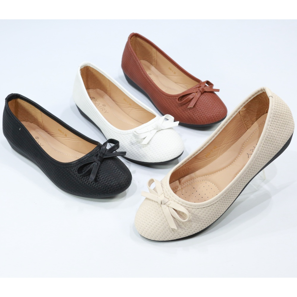 รองเท้าส้นเตารีด 666-3 หนังหน้าโบว์ รองเท้าส้นสูง 1 นิ้ว FAIRY