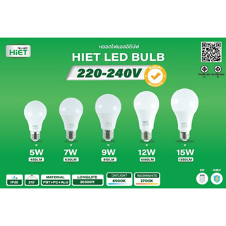 HIET หลอดไฟ LED bulb ขนาด5W, 7w ,9w ,12w แสงขาว 6500K / แสงวอร์ม 3000K แอลอีดี