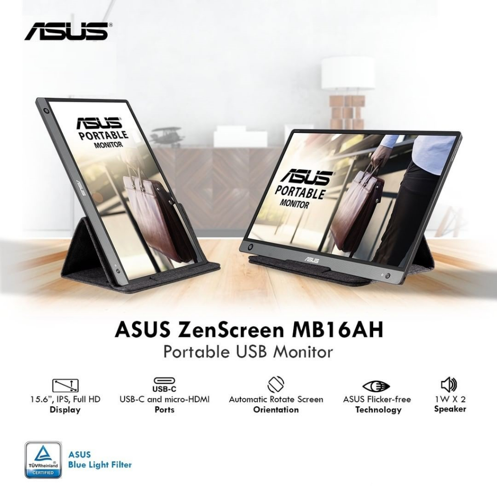 ASUS ZenScreen MB16AH Portable USB Monitor- 15.6 inch, IPS, Full HD, USB Type-C, Micro-HDMI, Eyes Care