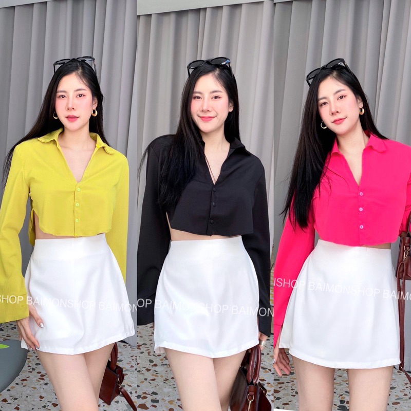 aimornshop เสื้อเชิ้ตคอปก เชิ้ตครอปเว้าข้าง ใส่แล้วดูดีมากๆ เนื้อดีใส่สบาย