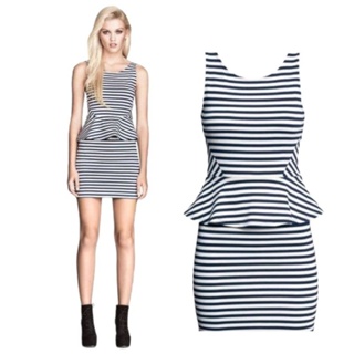 H. Black&amp;White Striped Peplum Dress