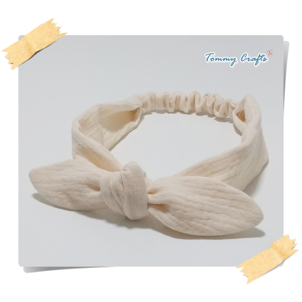 Tommy Crafts ผ้าคาดผมโบว์ผ้าฝ้ายอัดยับ ไซส์เด็ก/ไซส์ผู้ใหญ่ สีครีม Marshmallow/สีน้ำตาล Caramel Cafe cotton Hairbands - รูปที่ 3