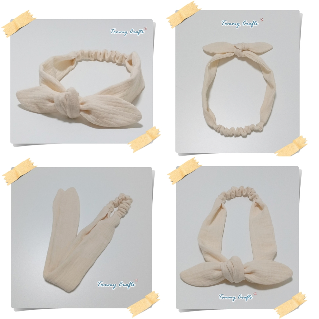 Tommy Crafts ผ้าคาดผมโบว์ผ้าฝ้ายอัดยับ ไซส์เด็ก/ไซส์ผู้ใหญ่ สีครีม Marshmallow/สีน้ำตาล Caramel Cafe cotton Hairbands - รูปที่ 4