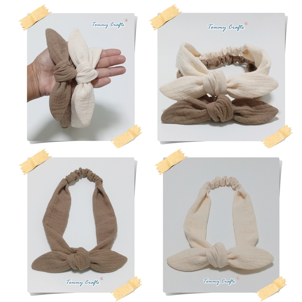 Tommy Crafts ผ้าคาดผมโบว์ผ้าฝ้ายอัดยับ ไซส์เด็ก/ไซส์ผู้ใหญ่ สีครีม Marshmallow/สีน้ำตาล Caramel Cafe cotton Hairbands - รูปที่ 7