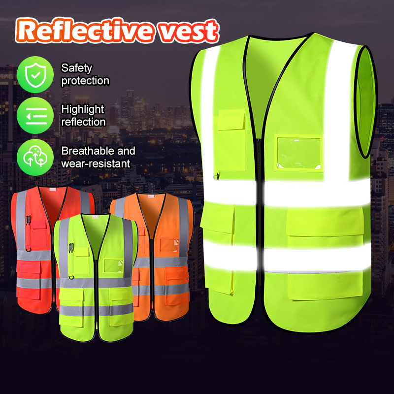 เสื้อกั๊กสะท้อนแสง Reflective safety vest มีซิปด้านหน้า เพื่อความปลอดภัย มองเห็นชัดสูง สําหรับทํางานก่อสร้าง จราจร