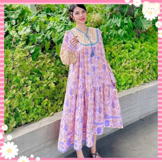 Maxi dress เดรสลายดอกไม้ โบฮีเมียน แขนยาว โทนสีชมพู ทรงoversize เดรสกระโปรงยาว งานป้ายypy