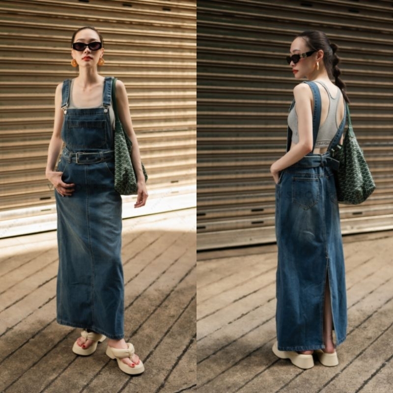 เอี๊ยม​กระโปรงยีนส์ยาว+เข็มขัด VSHOP