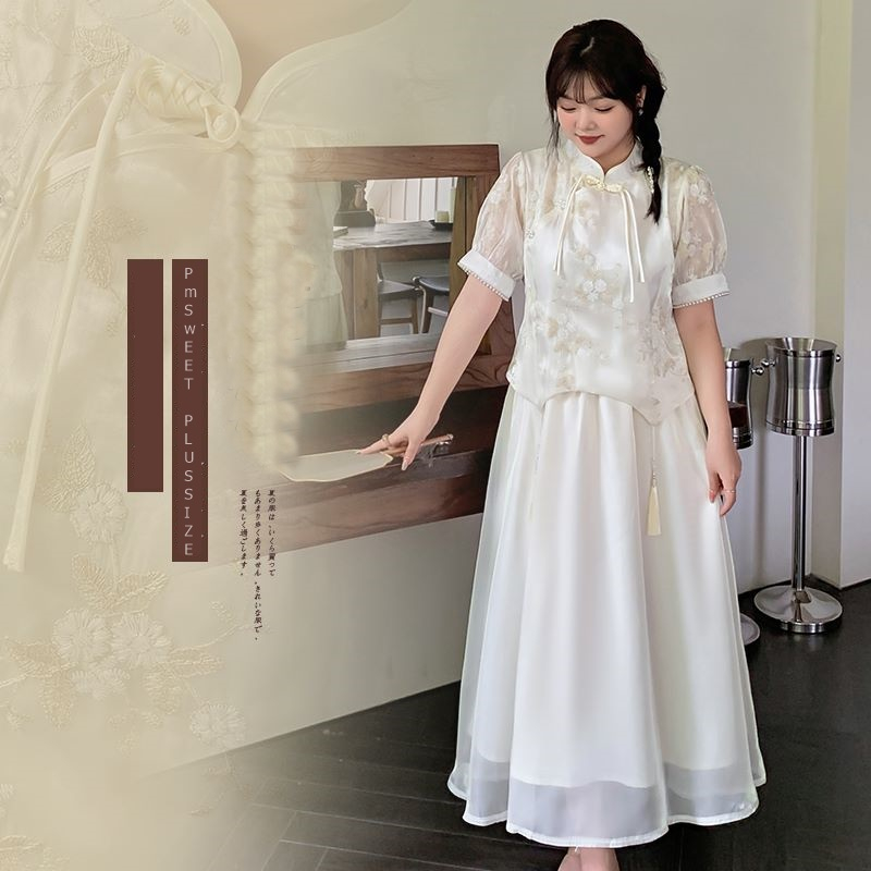 [ 🔥อกถึง 51" ] : PMP2185 : พรีออเดอร์ เซตสองชิ้นไซส์ใหญ่ เสื้อคอจีนปักลายมาพร้อมกระโปรงเอวยาง