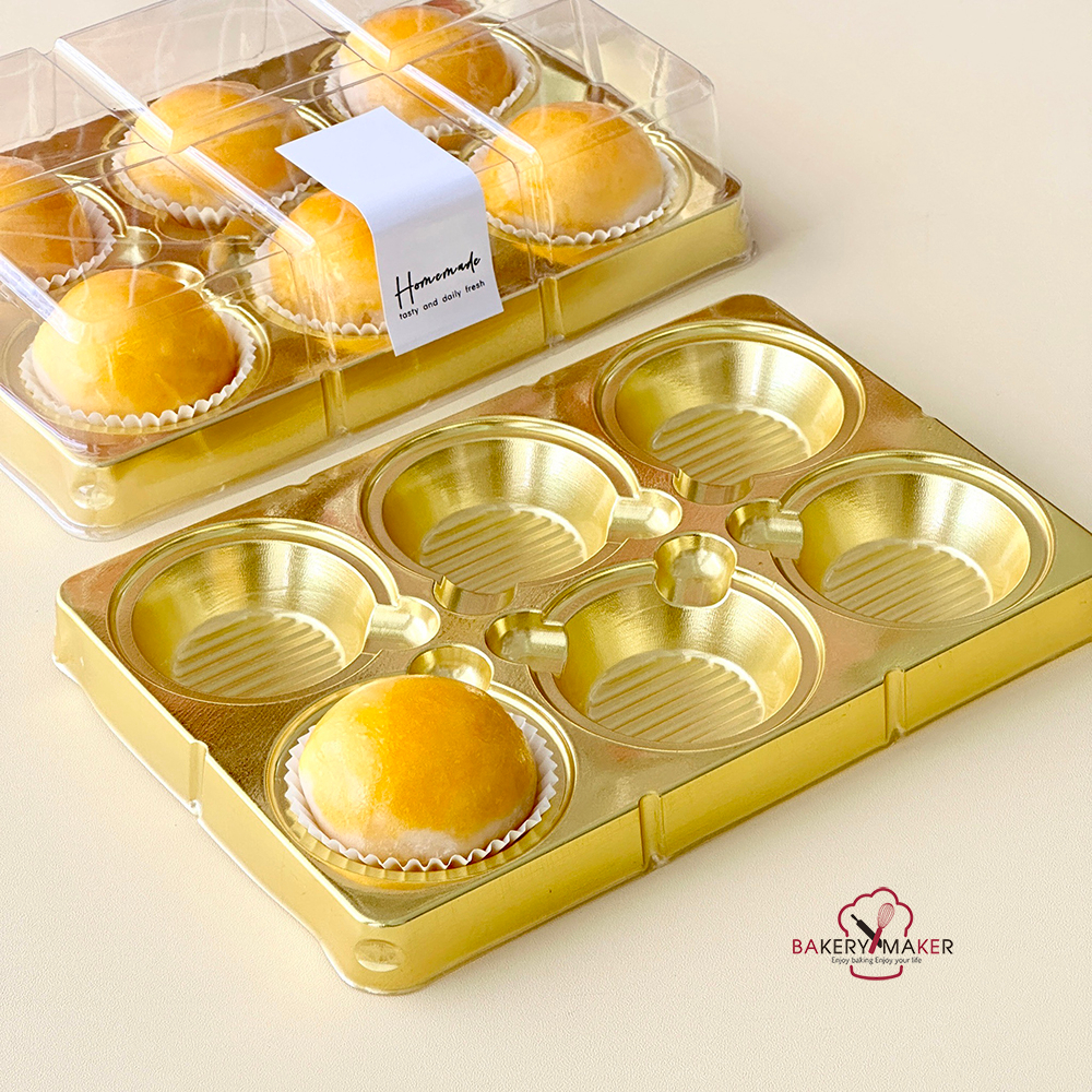 กล่องพลาสติกสีทองพร้อมฝา 6 ช่อง (20ใบ) /หลุมกลม ฝาใส CNY กล่องเปี๊ยะ ส้ม ฐานทอง