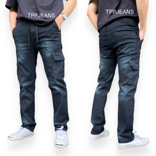 JEANSEXPRESS Cargo Denim กางเกงคาร์โก้กระเป๋าข้าง สีดำยีนส์ฟอก เอวยาง มีเชือก เป้าซิป ผ้ายืด สวมใส่สบาย Size28-36