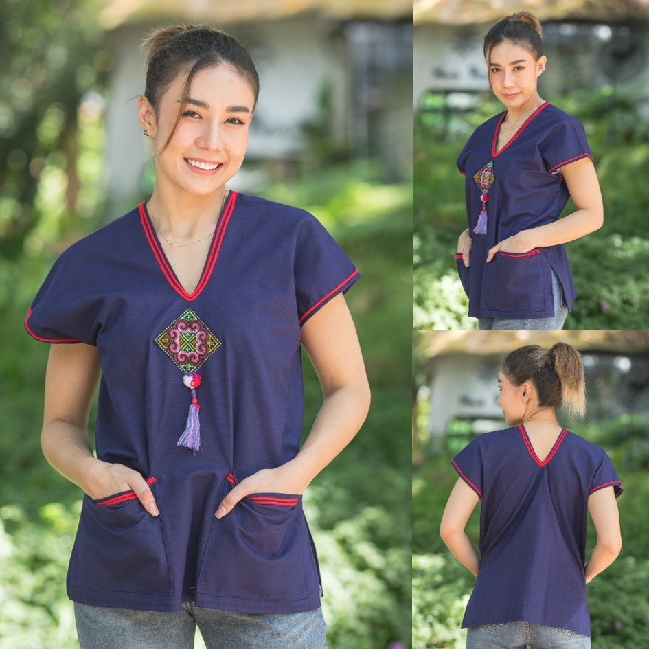 เสื้อพื้นเมือง ผ้าชินมัยแต่งเทปผ้าด้านหน้า