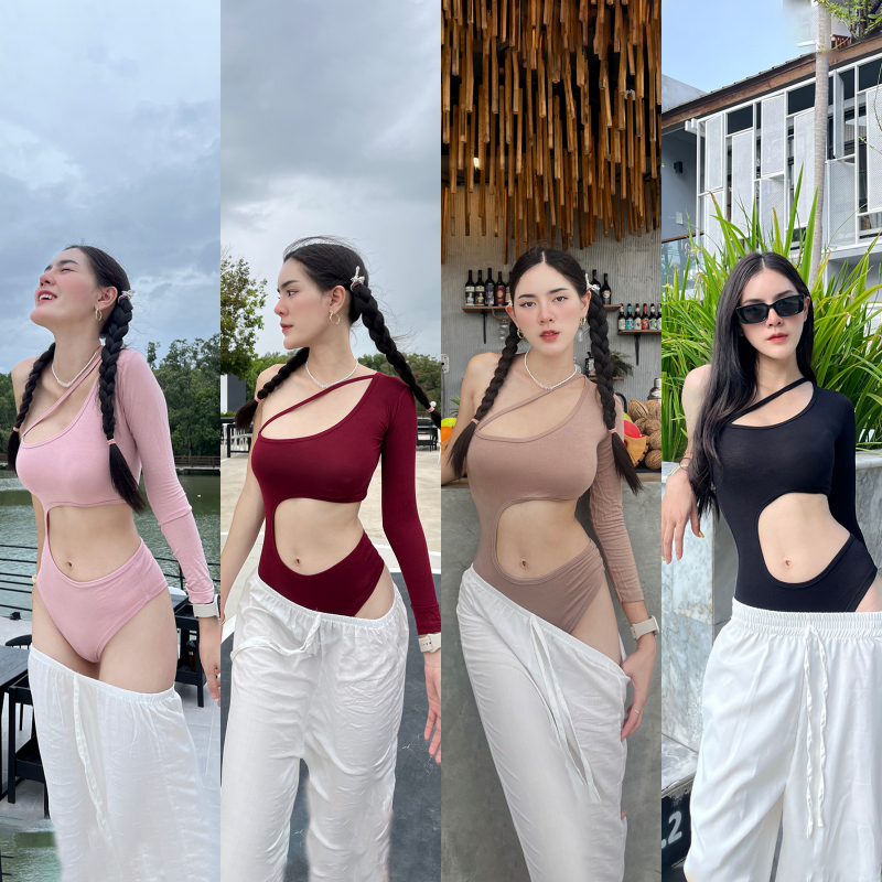 SpinnyHouse บอดี้สูทสายไขว้ แขนยาว โชว์ไหล่ ช่วงเป้ามีกระดุมแป๊ก เว้าช่วงเอว แซ่บม้าก ทรงรัดรูปไปทะเลปังสุด รุ่น JJ6