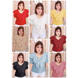 370.R เสื้อโบว์หน้าสาวอวบ ระบายไหล่ ผ้ามีทิกเจอร์ในตัว