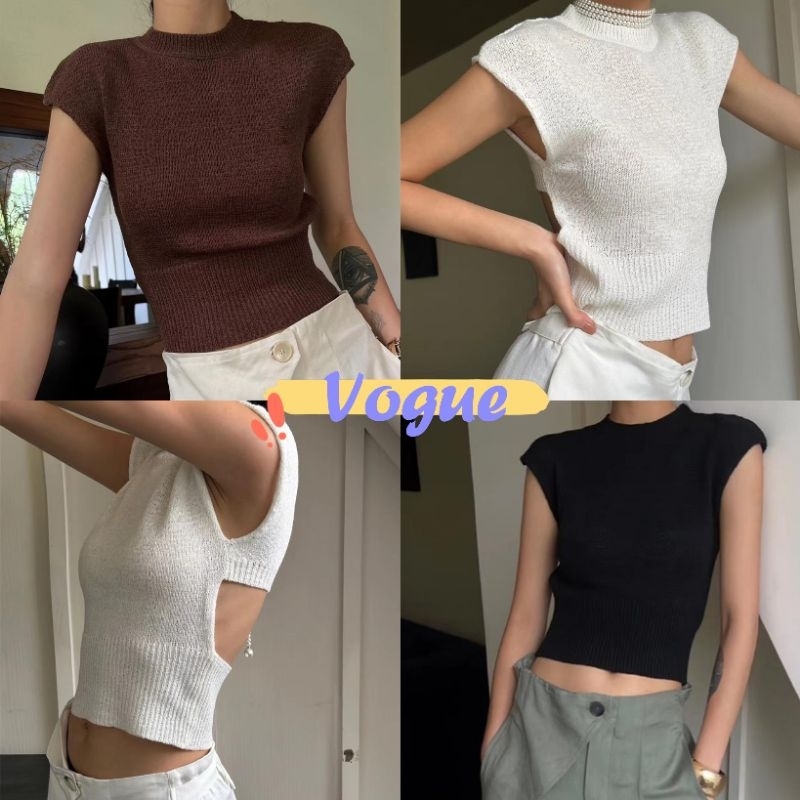 Vogue🌟พร้อมส่ง🌟 เสื้อไหมพรมแขนกุด คอกลม ดีเทลเว้าหลัง (40022) -C