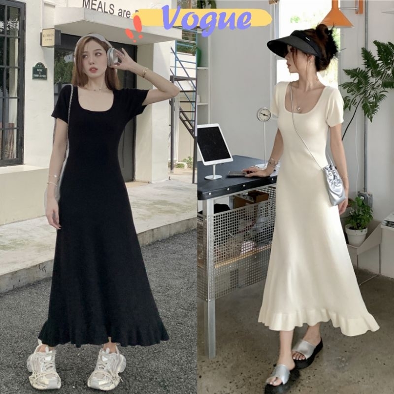 Vogue พร้อมส่ง ชุดเดรสไหมพรมแขนสั้น กระโปรงยาว (9A129) -C