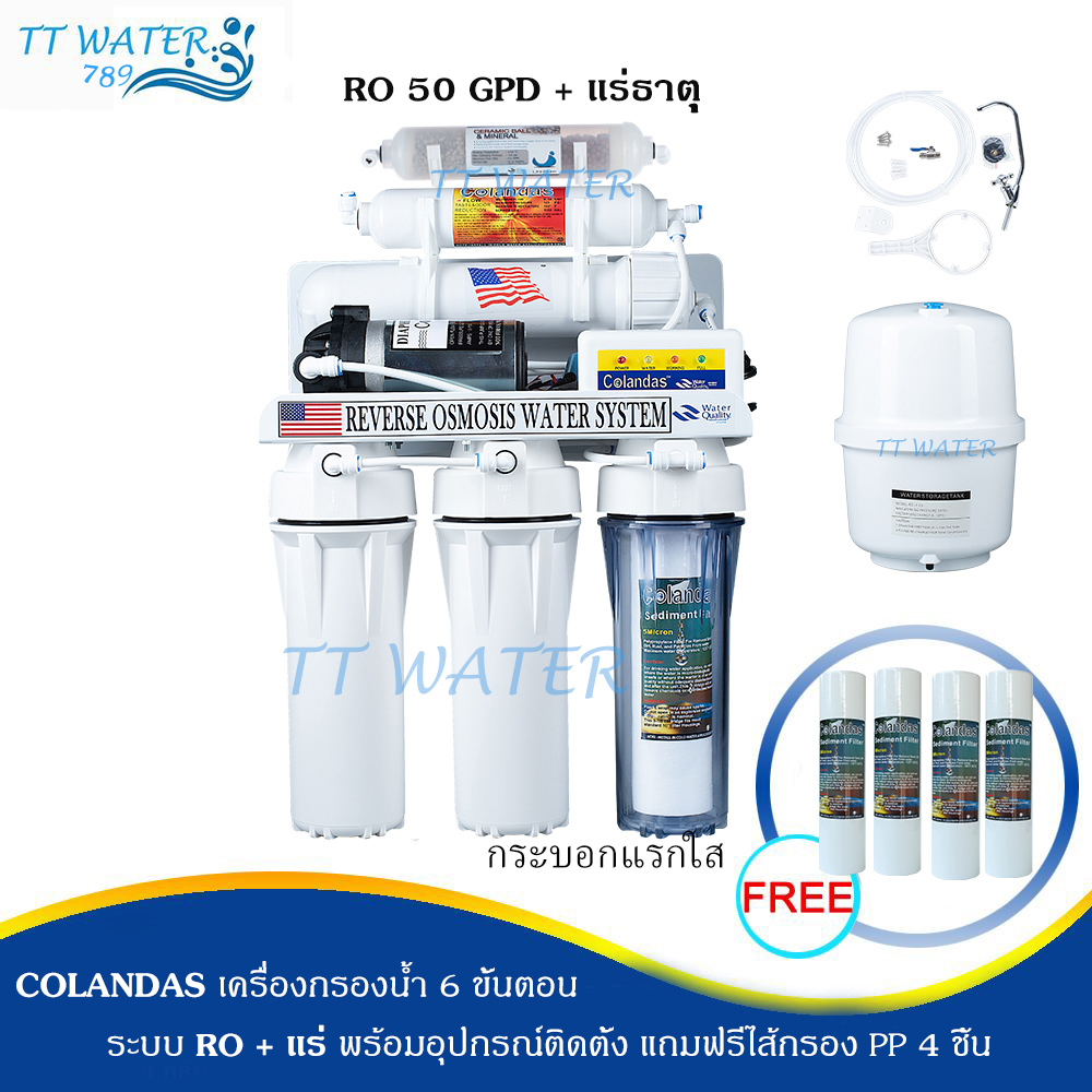 COLANDAS 6 ขั้นตอน ระบบ RO 75 GPD รุ่น RO + แร่ธาตุ (กระบอกแรกใส)