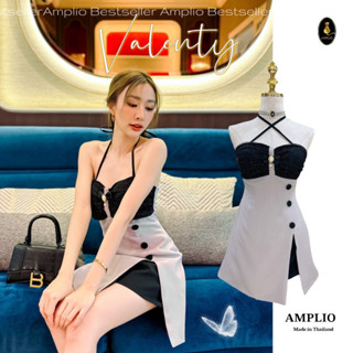 ราคาถูกที่สุด!! Amplio SET ระยิบระยับงานดีเทลจับย่นอก มีโบว์ถอดได้ ลุคสีเทาขาว