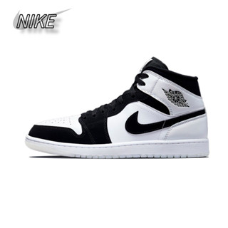 Air Jordan 1 Mid se "diamond shorts" panda รองเท้าผ้าใบสีดำและสีขาวกันลื่นกันลื่นของแท้ 100%