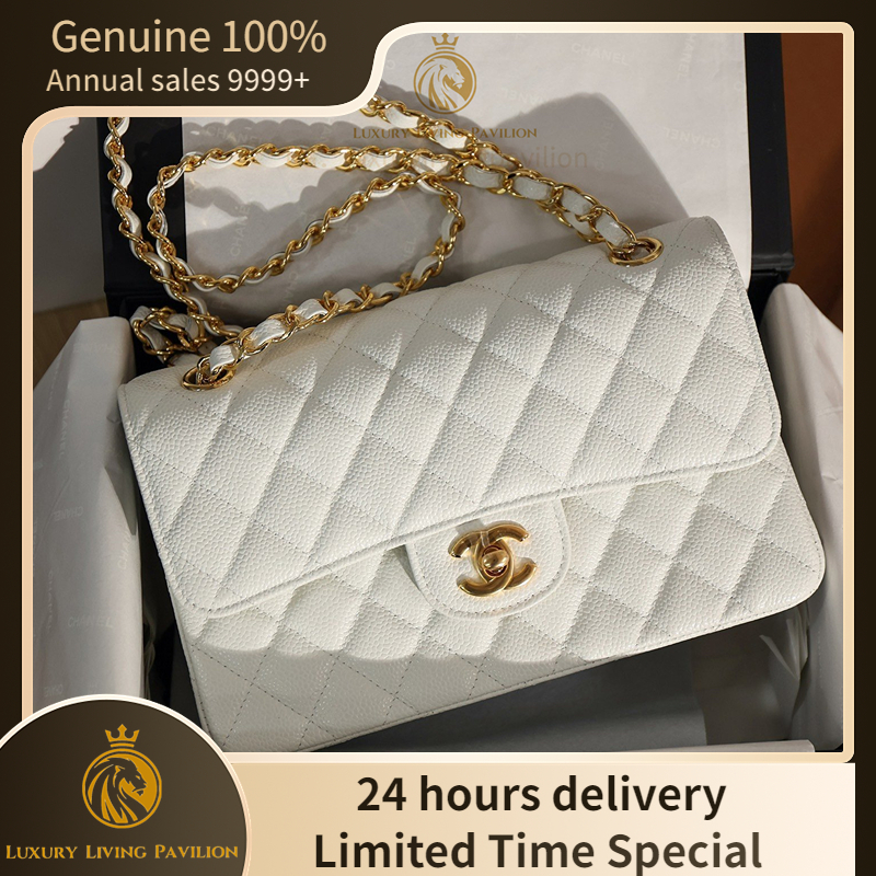👜ซื้อในฝรั่งเศส ใหม่ Chanel Classic Flap สีขาว/หัวเข็มขัดทอง กระเป๋าสะพาย กระเป๋าแฟชั่น ของแท้ 100%
