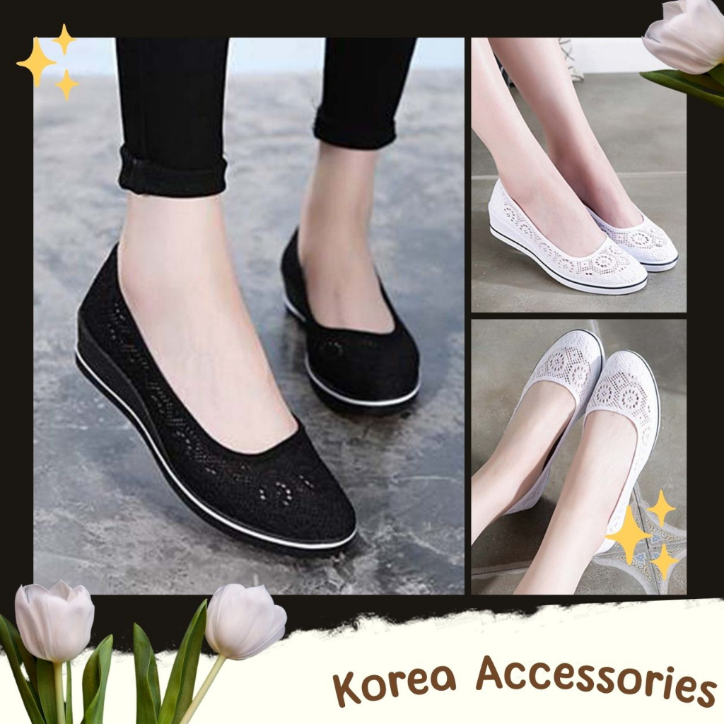 Korean รองเท้าคัชชูแฟชั่น ถักฉลัลายลูกไม้ 2 สี ส้นหนา ไซส์ 35-40