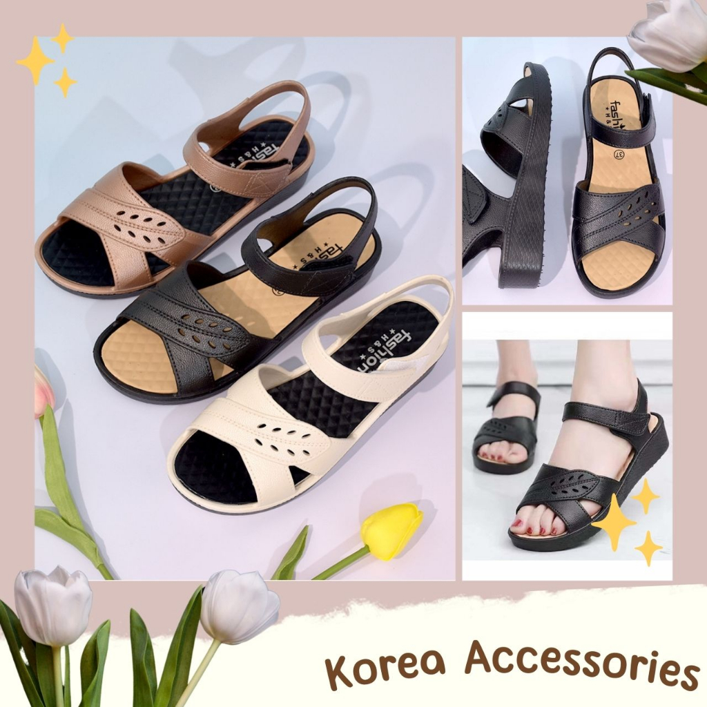 Korean รองเท้ารัดส้นแฟชั่น 3 สี แต่งฉลุลายใบไม้ ส้นหนา ไซส์ 36-40