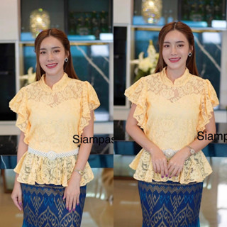 SOF เสื้อลูกไม้ ผ้าลูกไม้นำเข้า ผ้านิ่มลายสวย อก S M L XL XXL สีเหลือง แขนค้างคาว รุ่นแขนย้วย เอวจั้ม Blouse