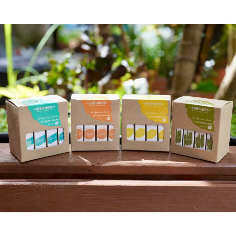 ยาหม่องน้ำ Herbpiness Liquid balm 9.6 ml : MINT | ORANGE | LEMON |  CITRONELLA : Pack 12