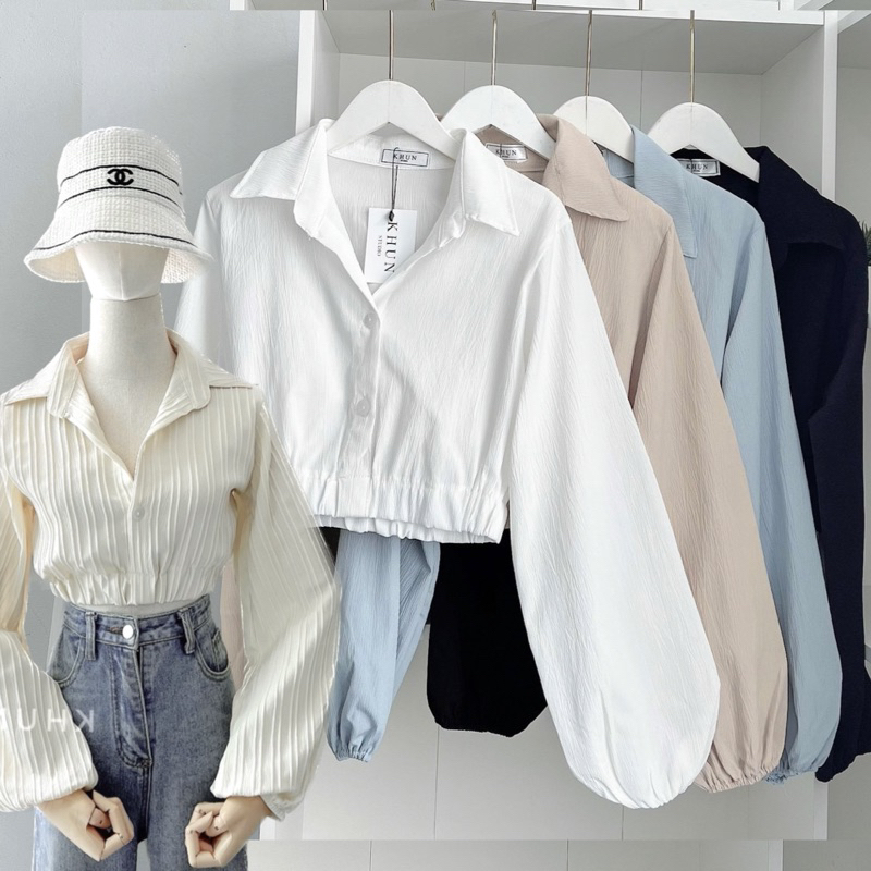 ไม่ต้องรีด เสื้อครอปคอปกแขนยาว สวย ผ้าฟิลโคเรียๆ เกาหลี / P2-1-2 // KHUN-จั้ม