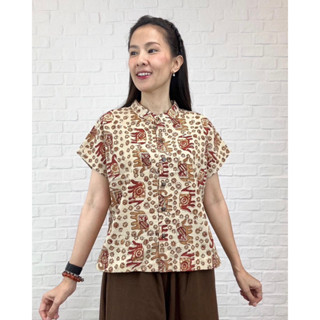 เสื้อคอจีน แขนเลยโค้ง ผ้าคอตตอนอินเดียแฮนด์บล็อก  (Cotton India Hand-Block Print)