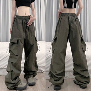 [W0082]  กางเกงขายาว คาร์โก้ ขาจั๊ม มีกระเป๋าข้าง ทรงหลวม ปรับเอวได้  cargo pants street girl Y2K เสื้อผ้าแฟชั่นผู้หญิง