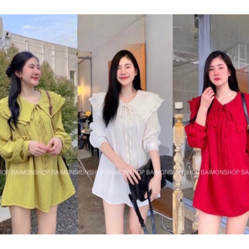 Kaidee shop L 07 มินิเดรสคอปกแต่งระบาย1ชั้น งานแขนยาว เพิ่มโบว์ให้ผูกด้านหน้า น่ารักมากก