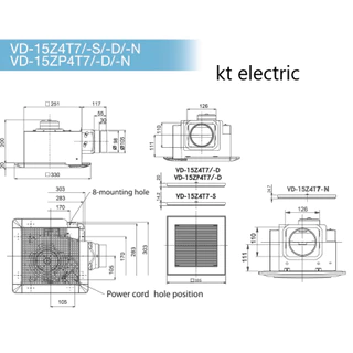MITSUBISHI VD-15Z4T7-S พัดลมระบายอากาศ ฝังฝ้า ต่อท่อ ใบพัด 6 นิ้ว หน้ากากแบบบาง ลายขวาง ***ใช้ท่อต่อขนาด 4 นิ้ว