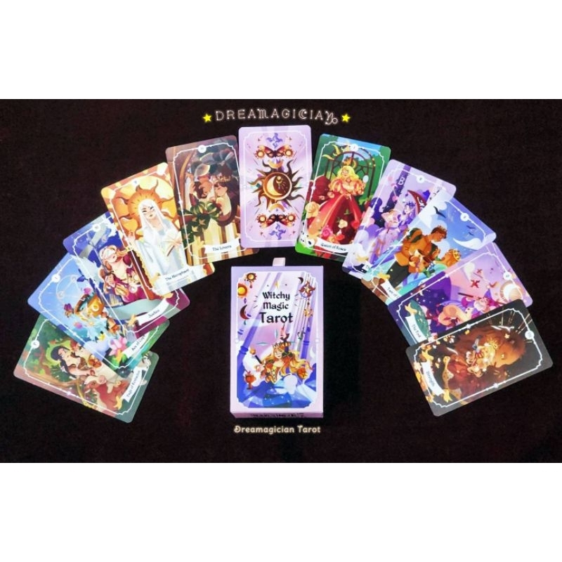 Witchy Magic Tarot ไพ่ยิปซีลายการ์ตูนขอบสีรุ้งโฮโลแกรมวิบวับ ไพ่ยิปซี ไพ่ทาโร่ต์ ไพ่ออราเคิล Tarot Oracle
