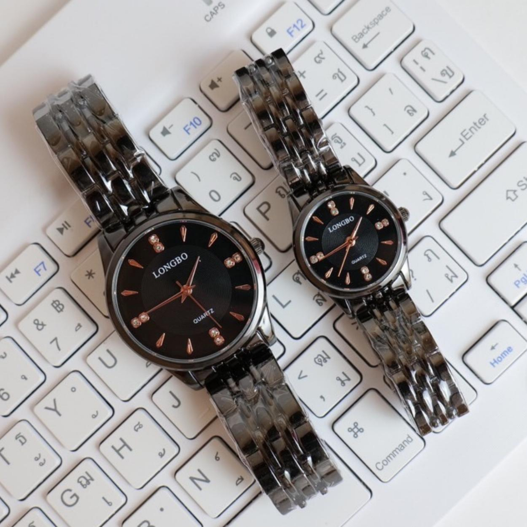 นาฬิกา Longbo เลสดำ หน้าปัดกลมเรียบ (เพชร 2 เม็ด 12,3,6,9 + ขีด)