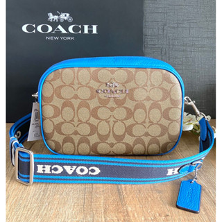 (ผ่อน0%) กระเป๋าสะพายข้าง Coach Jamie Camera Bag In Signature 9นิ้ว สี Racer Blue CJ582 ลายซีสีน้ำตาล สายสปอร์ตสีน้ำเงิน