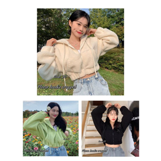 ✨new item☃️🐑 Fleece Hoodie Cropped 🐑☃️เสื้อขนแกะเกาหลีมีฮู้ด ทรงครอป กระเป๋าจิงโจ้ ซิปผ่า สม็อคจั๊มเอว