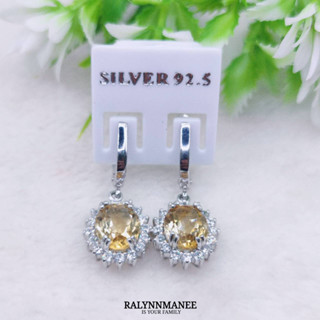 L6410 ต่างหูพลอยซิทรีนแท้ ( Citrine )  แบบอิงลิชล็อค ตัวเรือนเงินแท้ 925 ชุบทองคำขาว