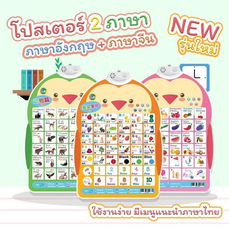 โปสเตอร์พูดได้ 2 ภาษาจีน-อังกฤษ มี 8 หมวดหมู่ ABC ตัวเลข กดแล้วมีเสียง มีเพลง เล่นเกมส์ ของเล่นเด็ก เสริมพัฒนาการ