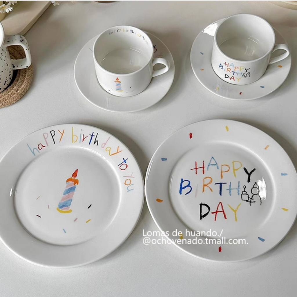 พร้อมส่ง🌈จานเซรามิก Happy Birthday ลายเทียน จานเซรามิค ไว้ใส่ขนม ของกิน ของตกแต่งห้องครัว เครื่องครัว 14030