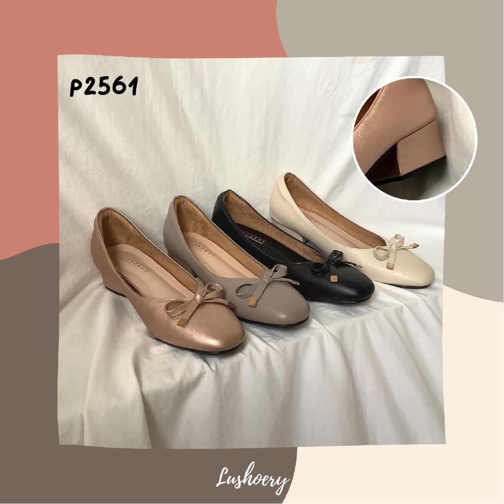(lushoery) P2561 รองเท้าทรง marry jane แบบสวมบุซับกำมะหยี่ มีดีเทลโบว์น่ารัก (มีส้น)