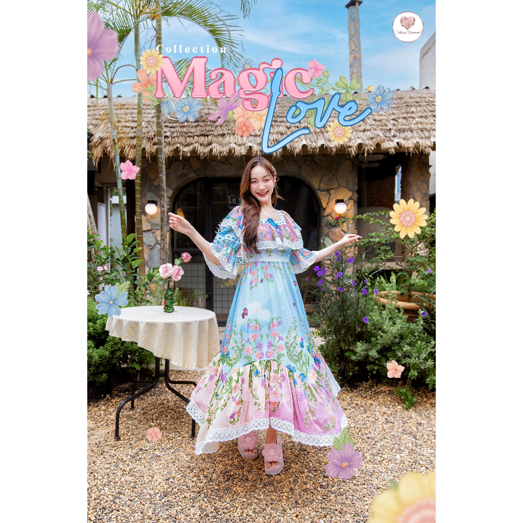 (มีถึง 2XL) Magic Love Dress เดรสชีฟองกลิตเตอร์พิมพ์ลาย เดรสยาวปลายกระโปรงทรงผ้าเช็ดหน้า ใส่สบายไม่ร้อน ระบายอากาศได้ดี