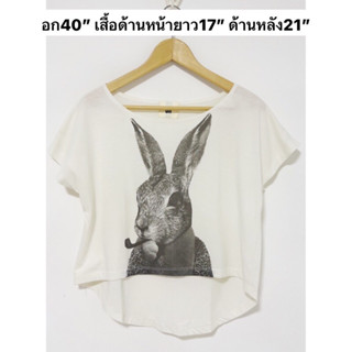 ส่งต่อ (used) เสื้อยืดคอปาดทรงครอป ชายเสื้อหน้าสั้นหลังยาว พิมพ์ลายกระต่าย