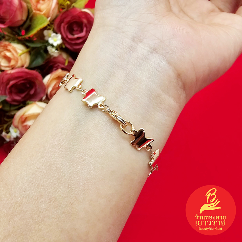 สร้อยข้อมือลายผีเสื้อ แฟชั่น  ความยาว 7 นิ้ว ตะขอก้ามปู สี 14K  ทองเค ใส่ได้ทุกโอกาส ใส่อาบน้ำได้ รูปถ่ายจากสินค้าจริง