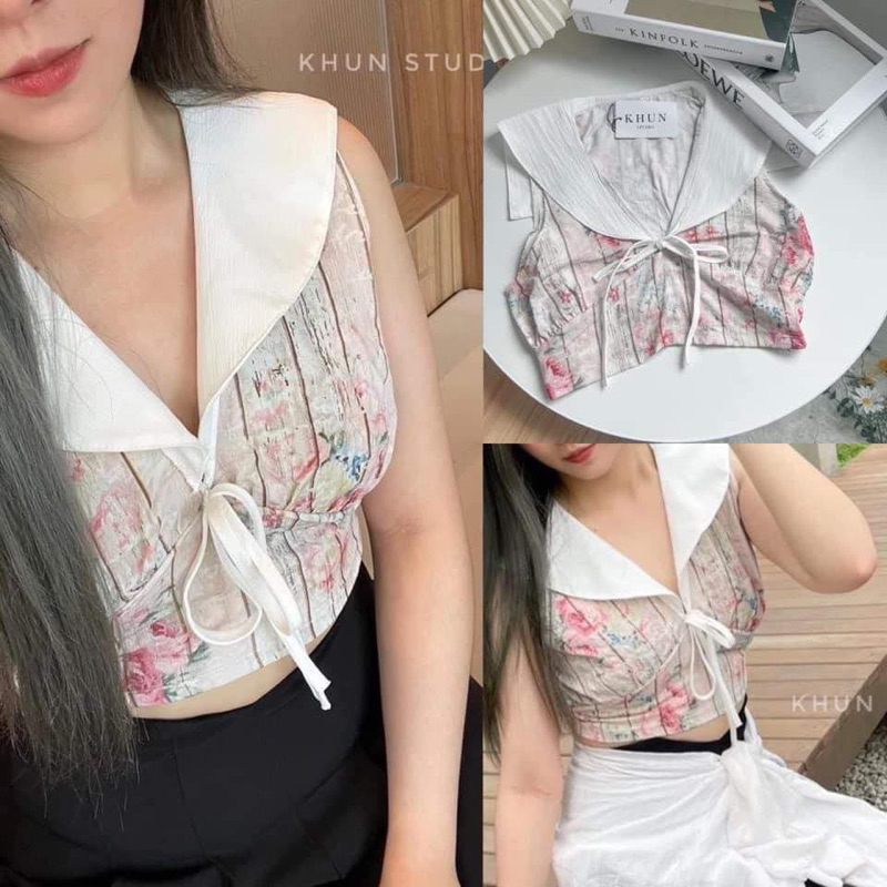 ‍♀️ stnnxz - P00 ส่งต่อเสื้อลายดอกไม้คอบัวงานป้าย Kuhn.studio detail ผูกเชือกโบว์ที่อก