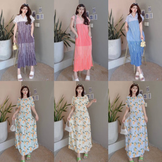 พร้อมส่ง ชุดเดรสอัดพลีท ลายไล่สี มีหลายสี งานป้าย