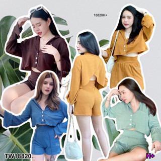 TwinsShopVip💗พร้อมส่ง TW18820 Set 2 ชิ้น เสื้อเชิ้ตครอป หลังไขว้ + กางเกงขาสั้น ..